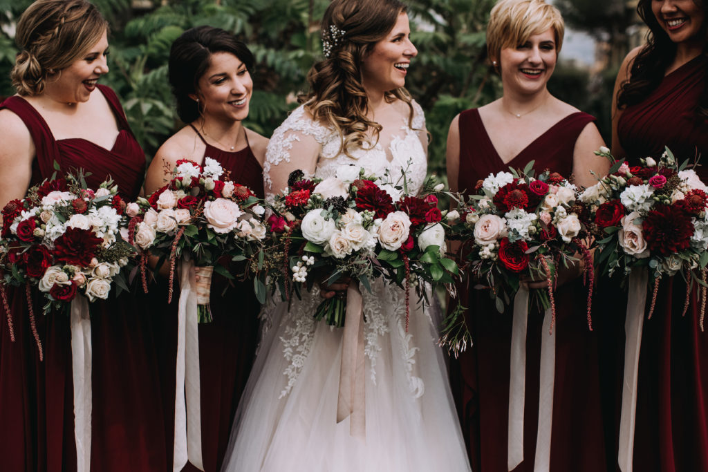 Flowers by Denise lush floral designs for weddings on the Central Coast of California with dahlias, garden roses, ranunculus, jasmine vine